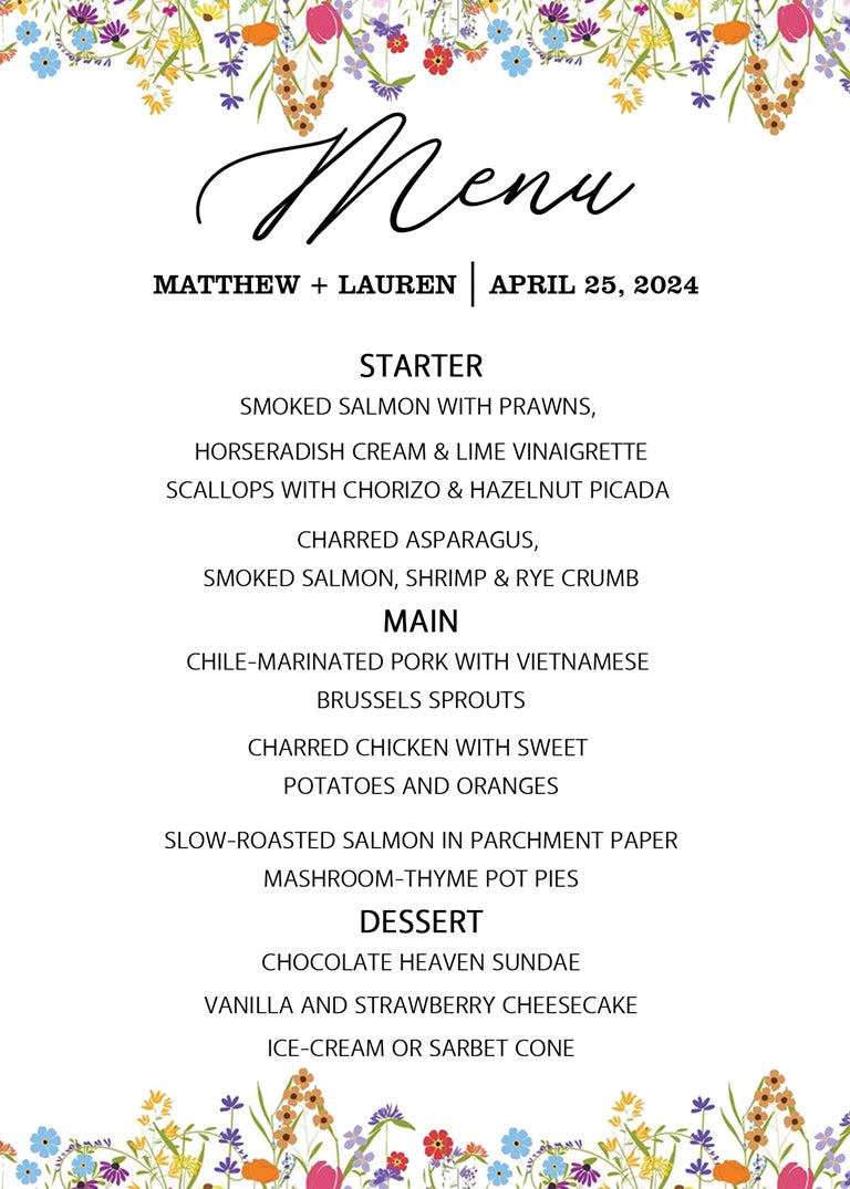 Wild Flower Theme Wedding Menu Card