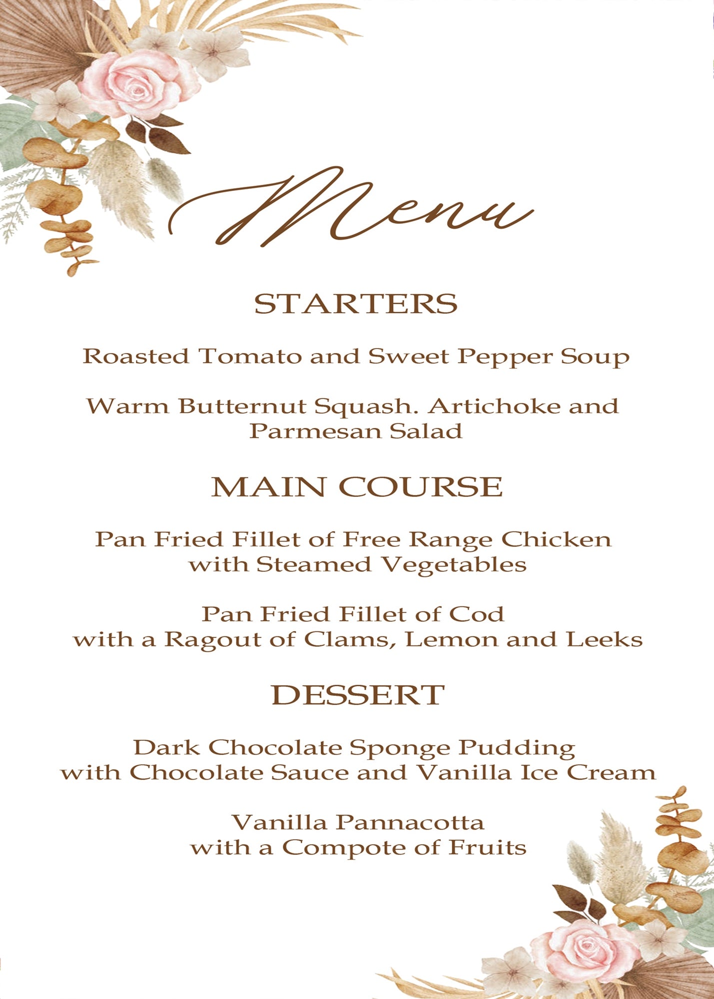 Pampas Grass Theme Wedding Menu Card