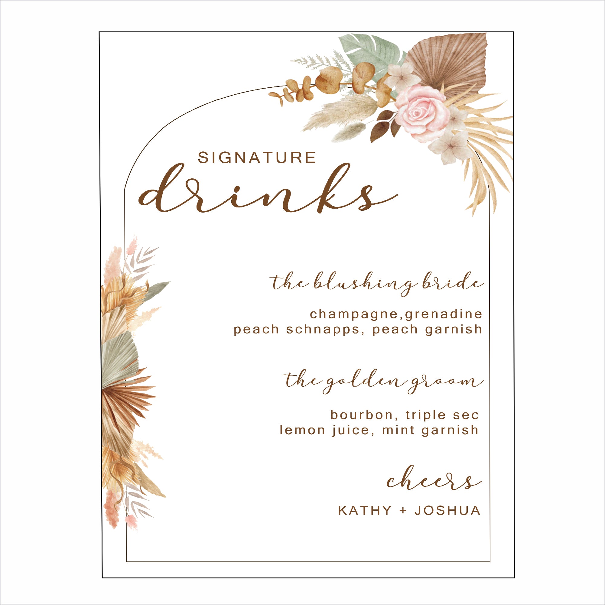 Pampas Grass Theme Wedding Signature Cocktails Menu Sign