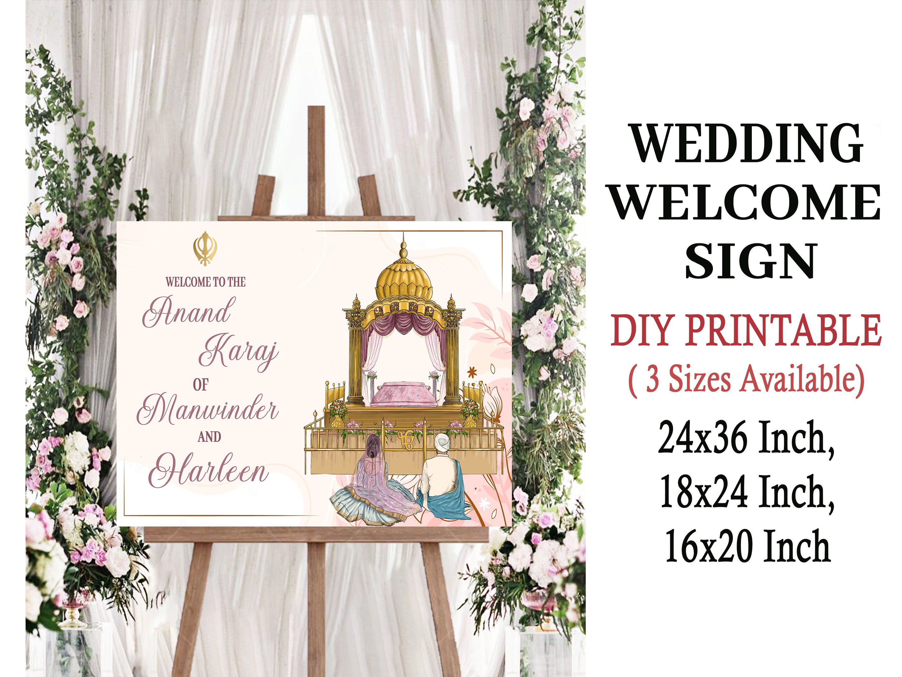 Indian Punjabi Wedding Anand Karaj Ceremony Welcome Board Sign for Decoration