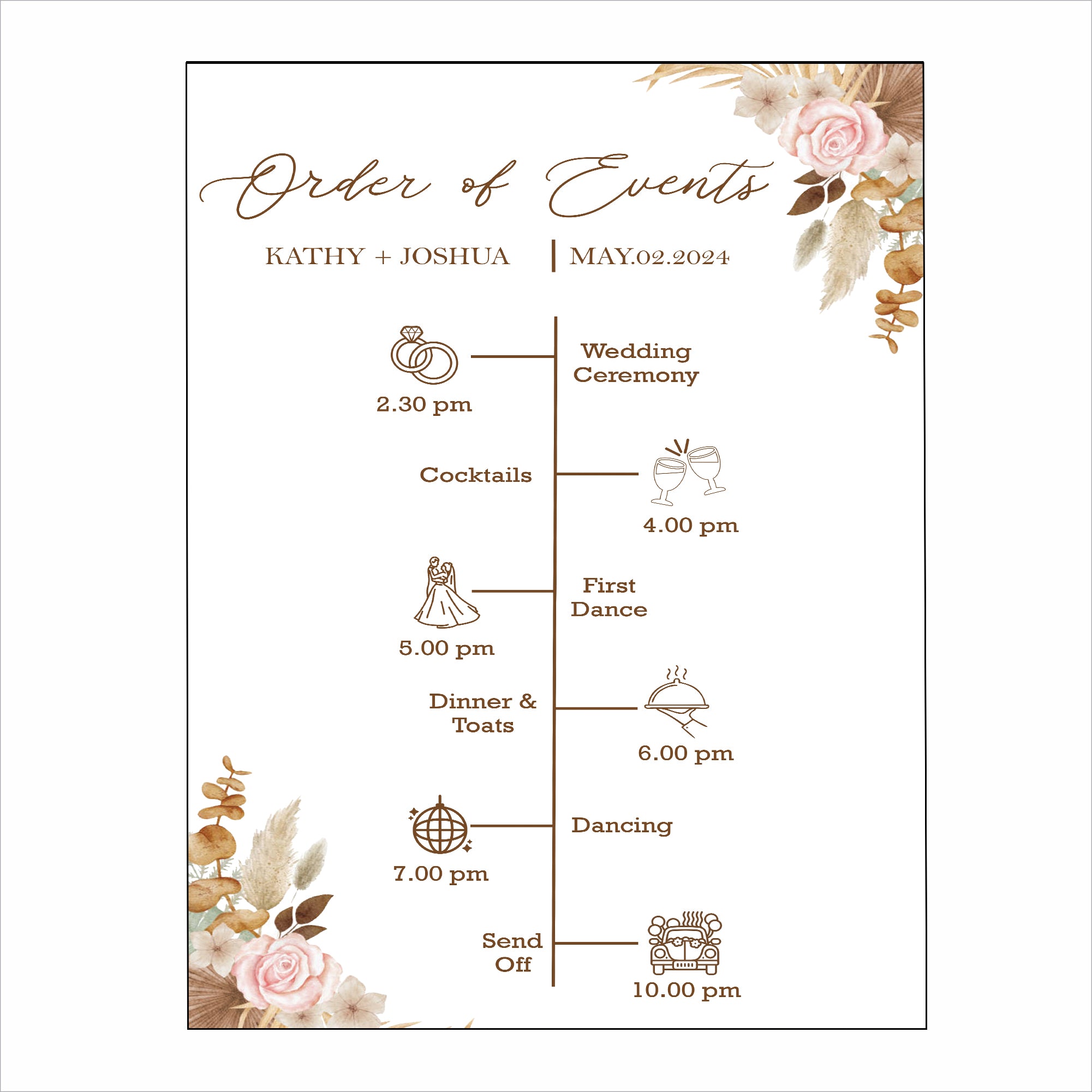 Pampas Grass Wedding Day Timeline Board