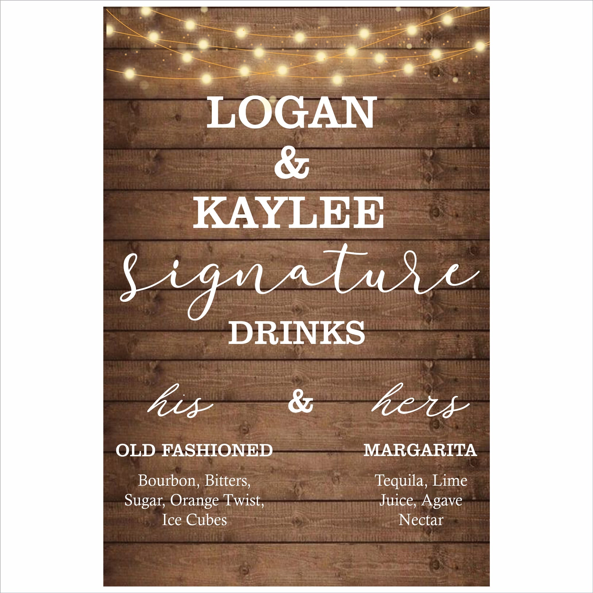 Rustic Theme Wedding Signature Cocktails Menu Sign