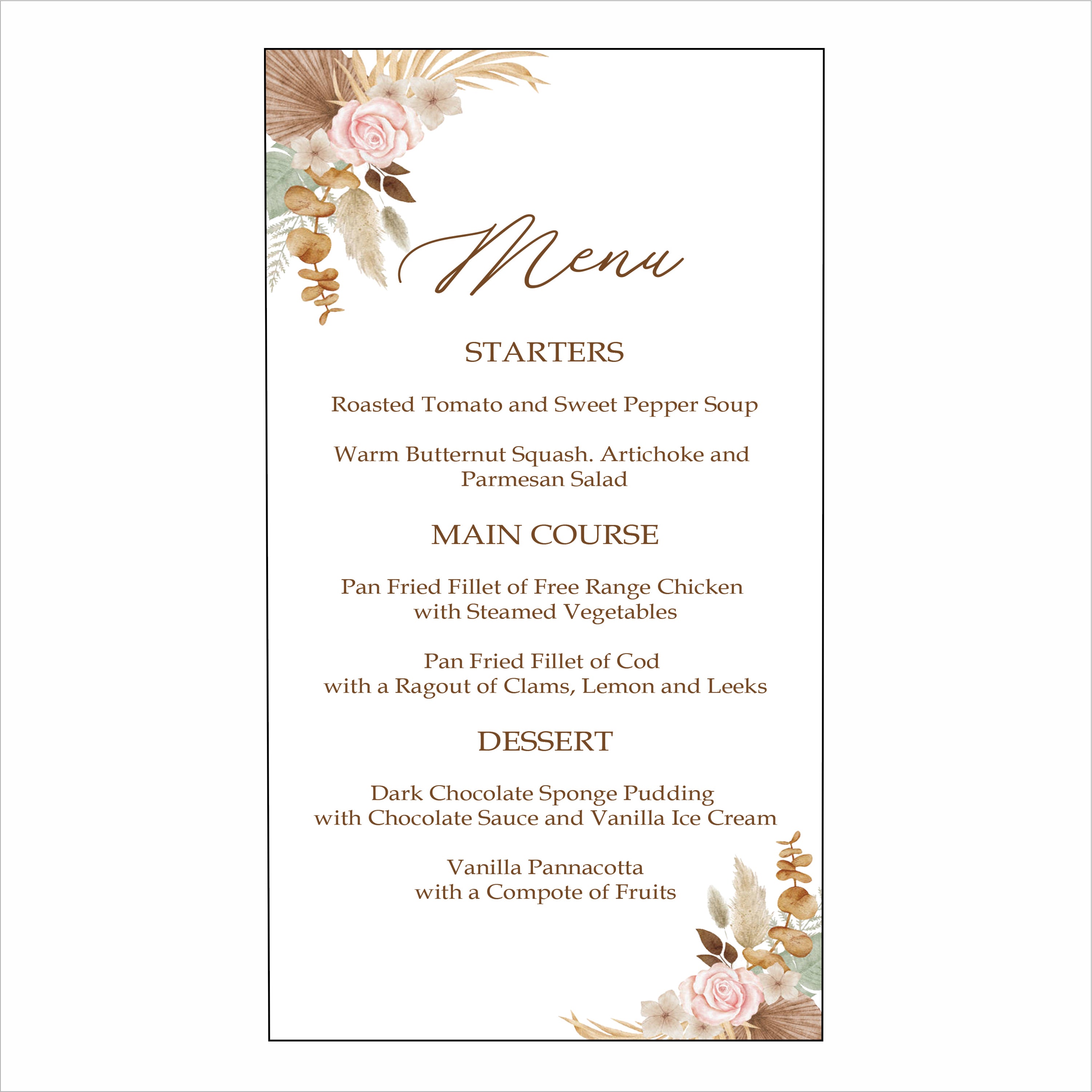 Pampas Grass Theme Wedding Menu Card