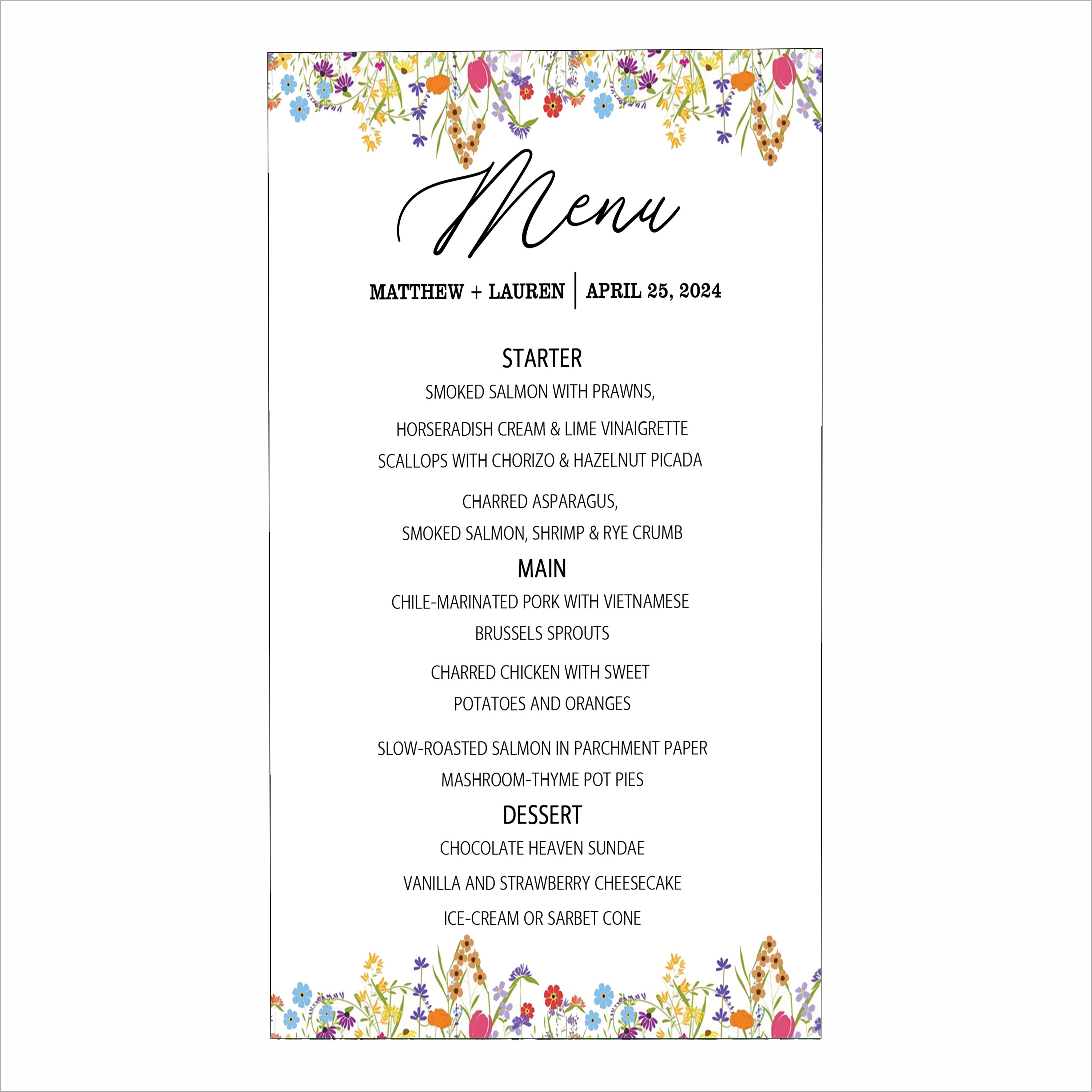 Wild Flower Theme Wedding  Menu Card