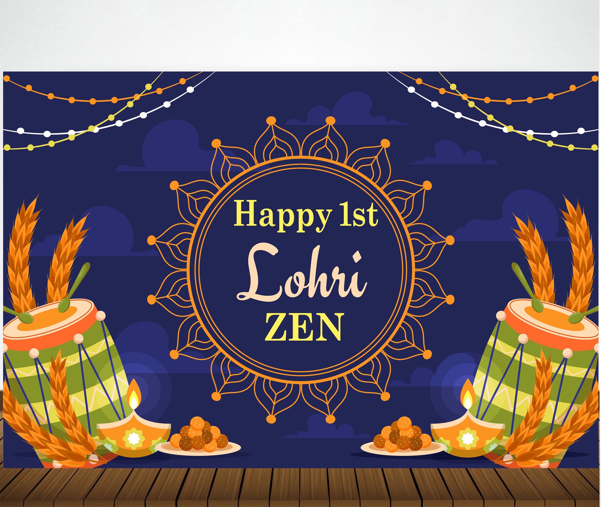 Lohri Party Personalized Backdrop with Name & Picture.