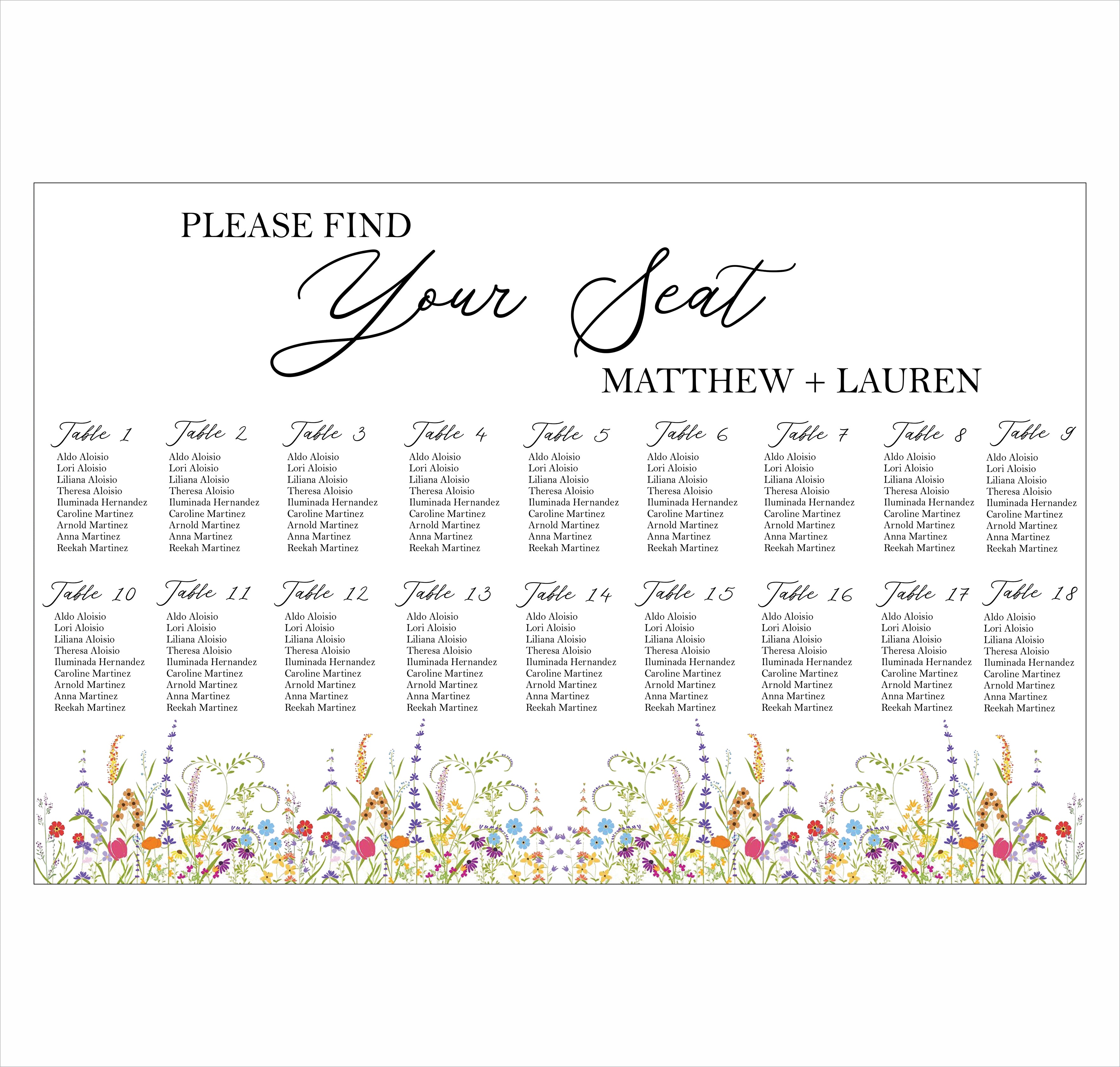 Wild Flower Theme Wedding Find your Seat Sitting Layout