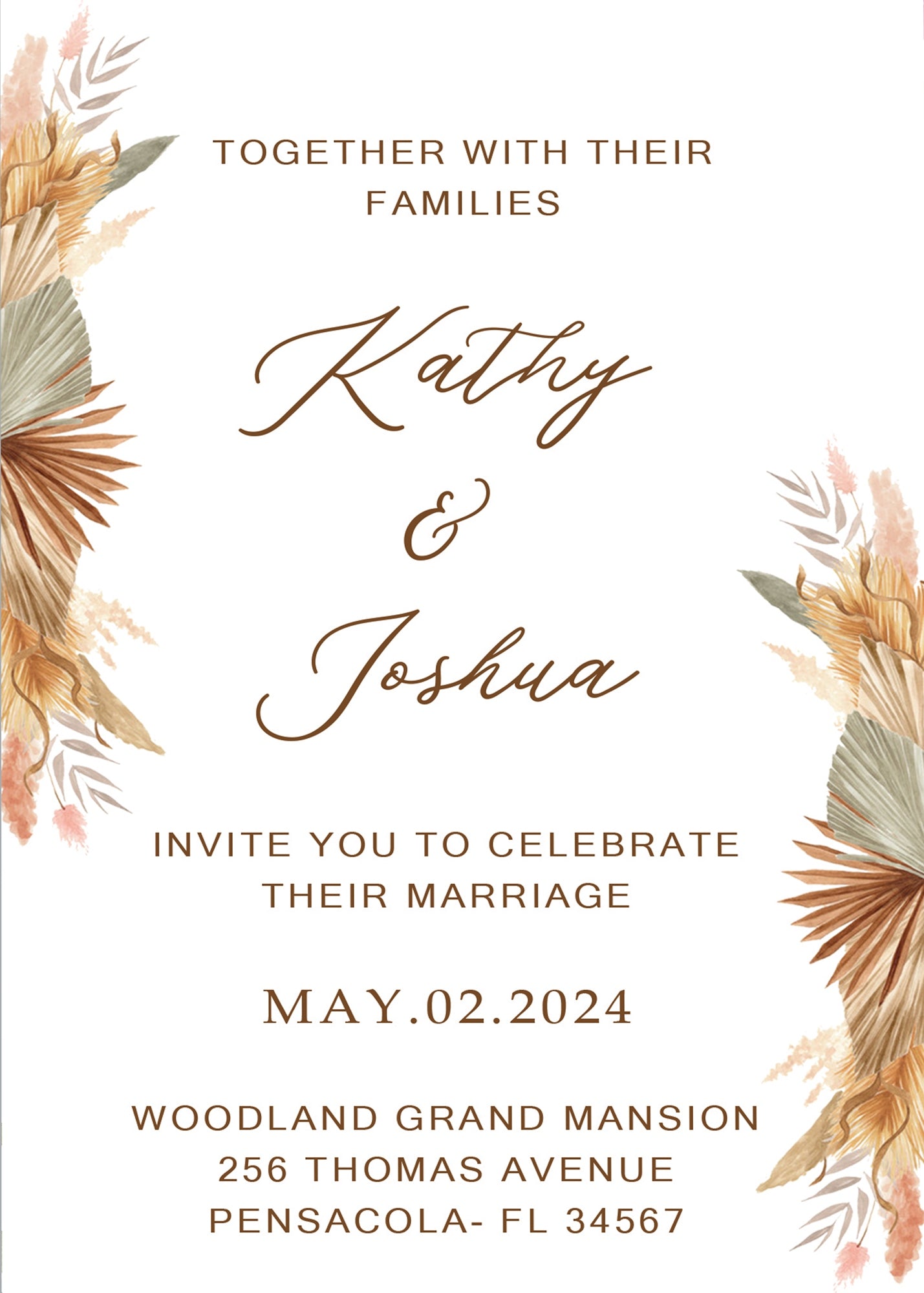 Pampas Grass Wedding E- Invite/Printed Invitation Card