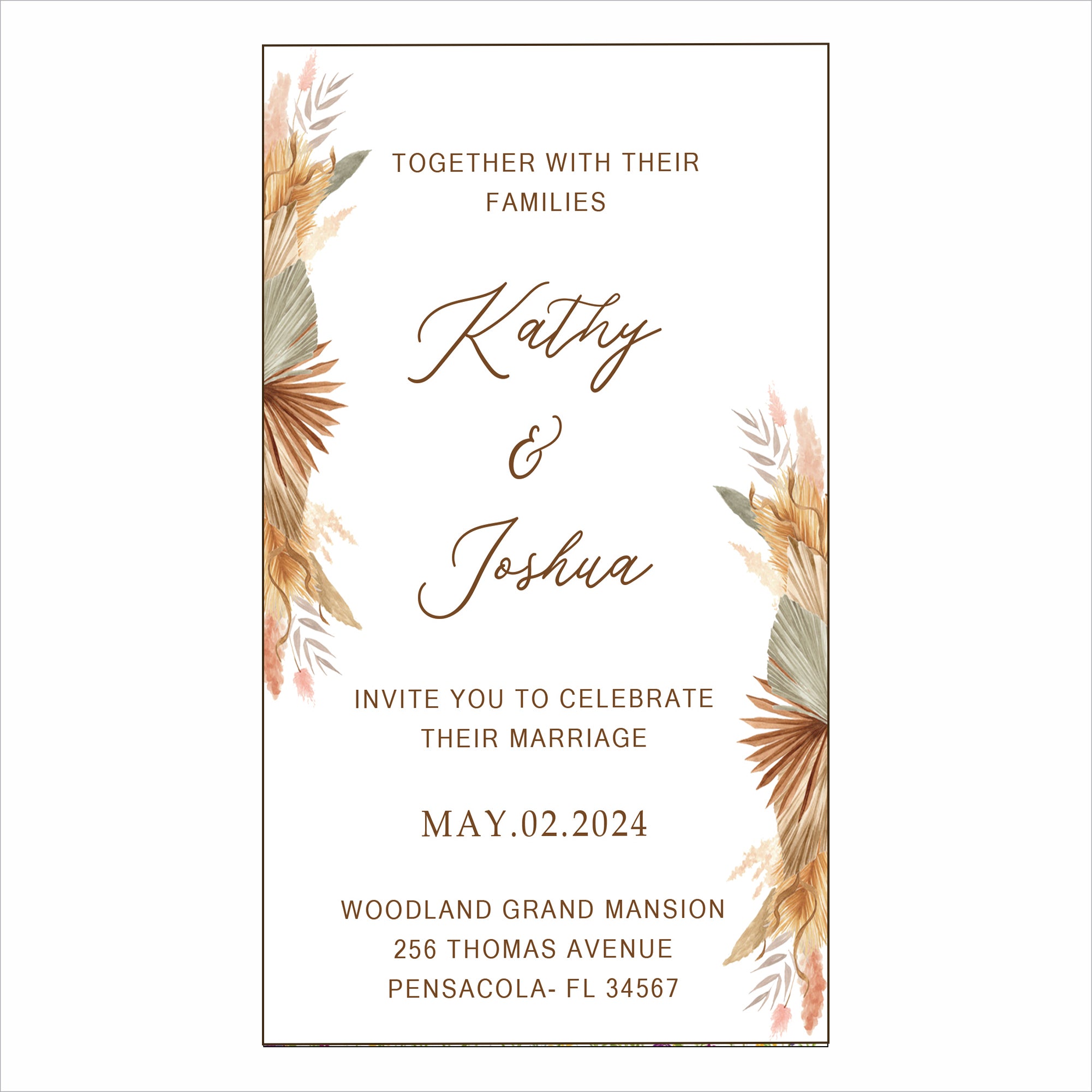 Pampas Grass Wedding E- Invite/Printed Invitation Card