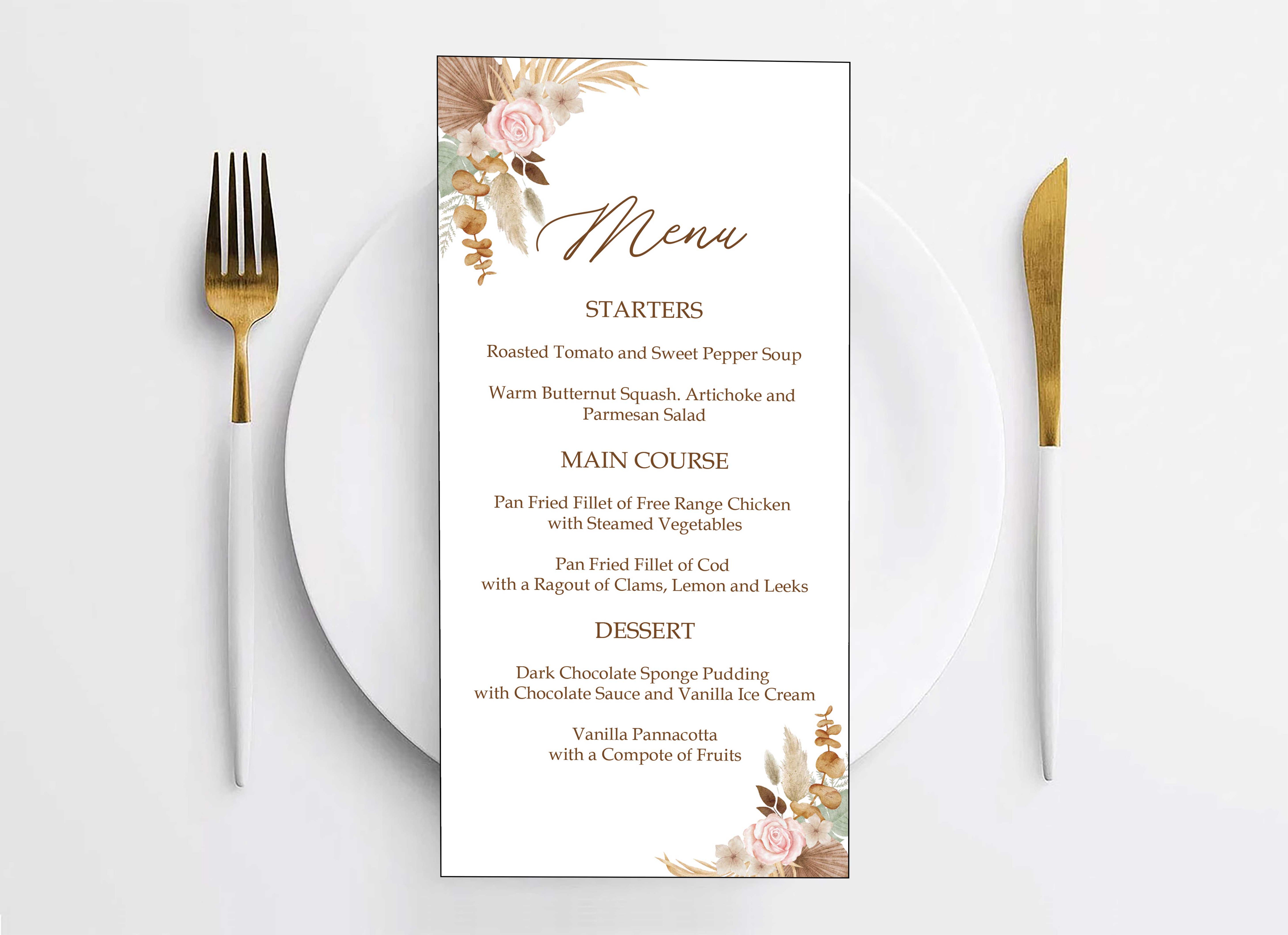 Pampas Grass Theme Wedding  Menu Card