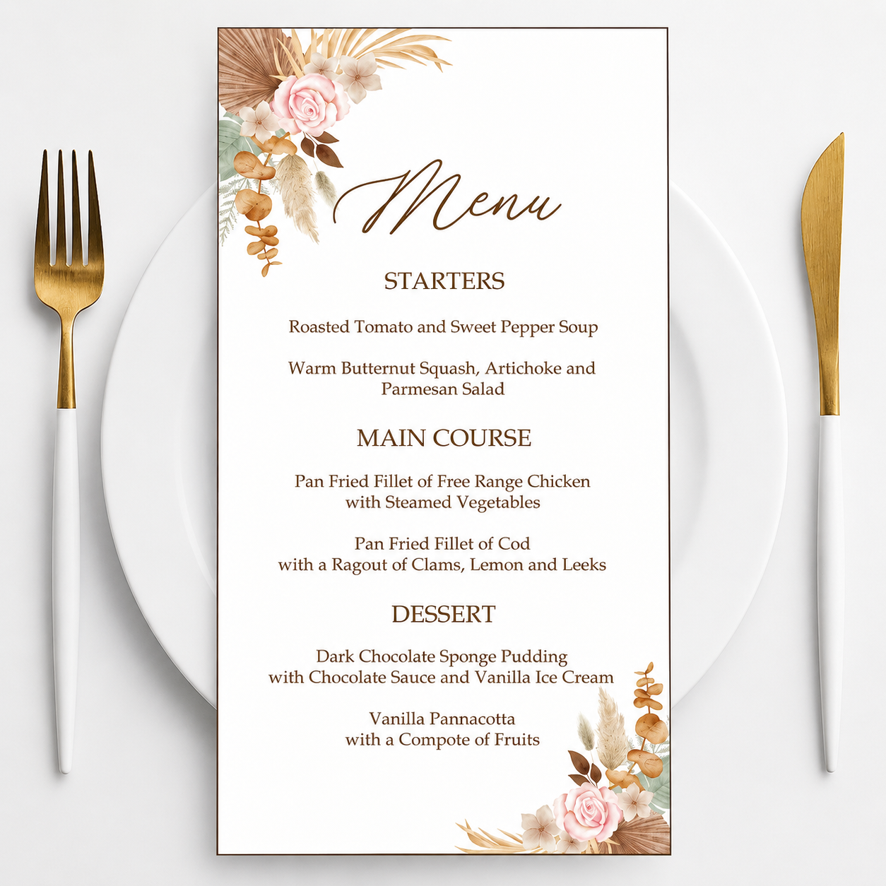 Pampas Grass Theme Wedding Menu Card