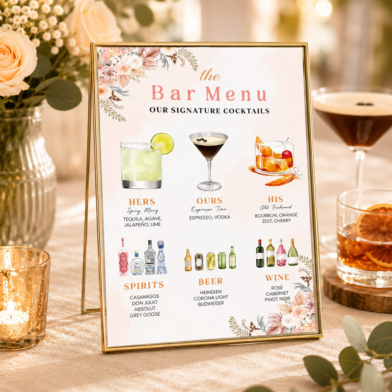 Boho Theme Wedding Signature Cocktails Menu Sign