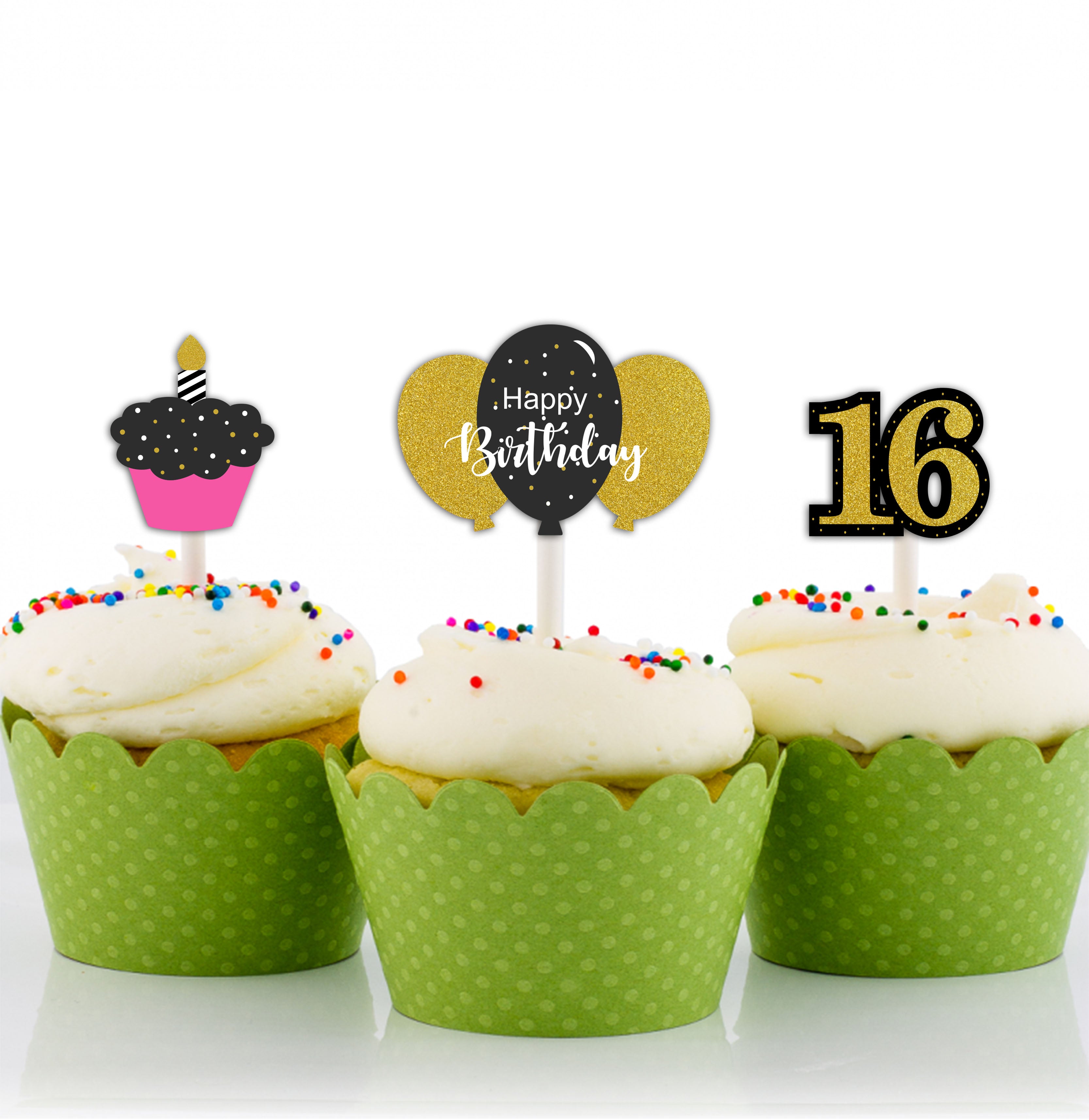 16th Theme Birthday Party Cupcake Toppers for Decoration
