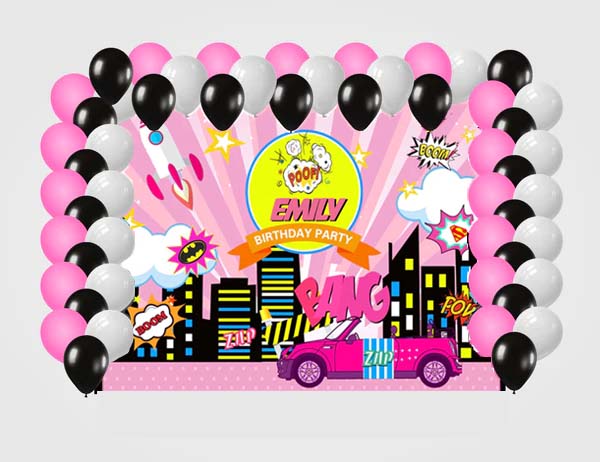 Super Girl Birthday Party Decoration Kit With Personalized Backdrop