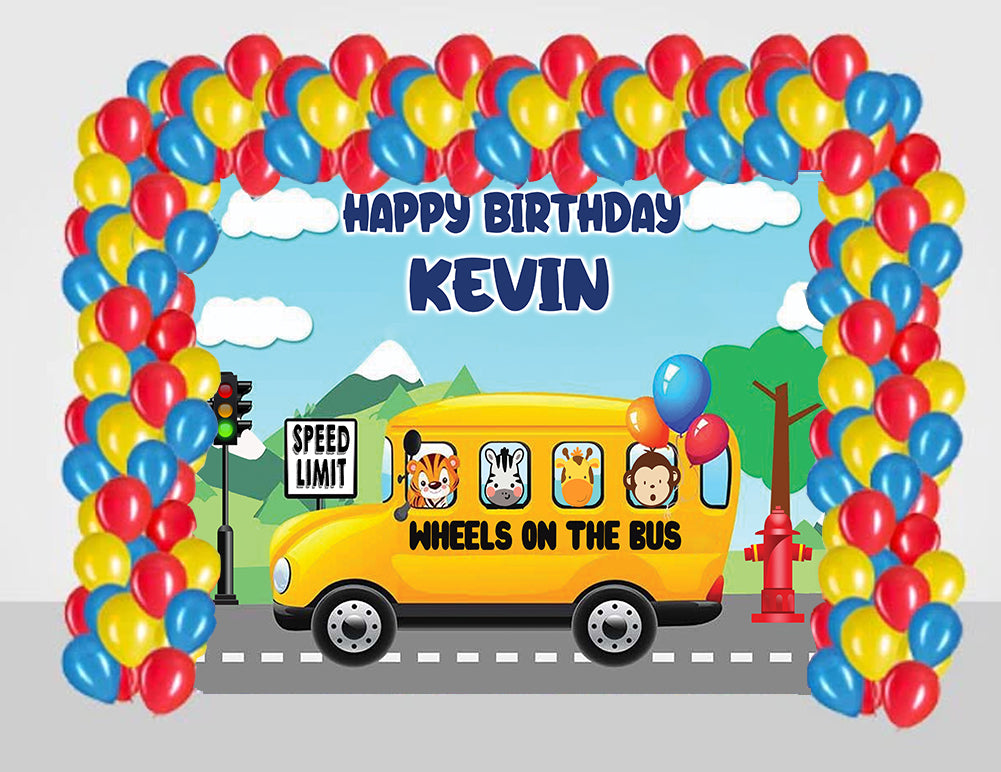 Wheels On The Bus Birthday Party Decoration Kit- Personalized Backdrop and Latex Balloons