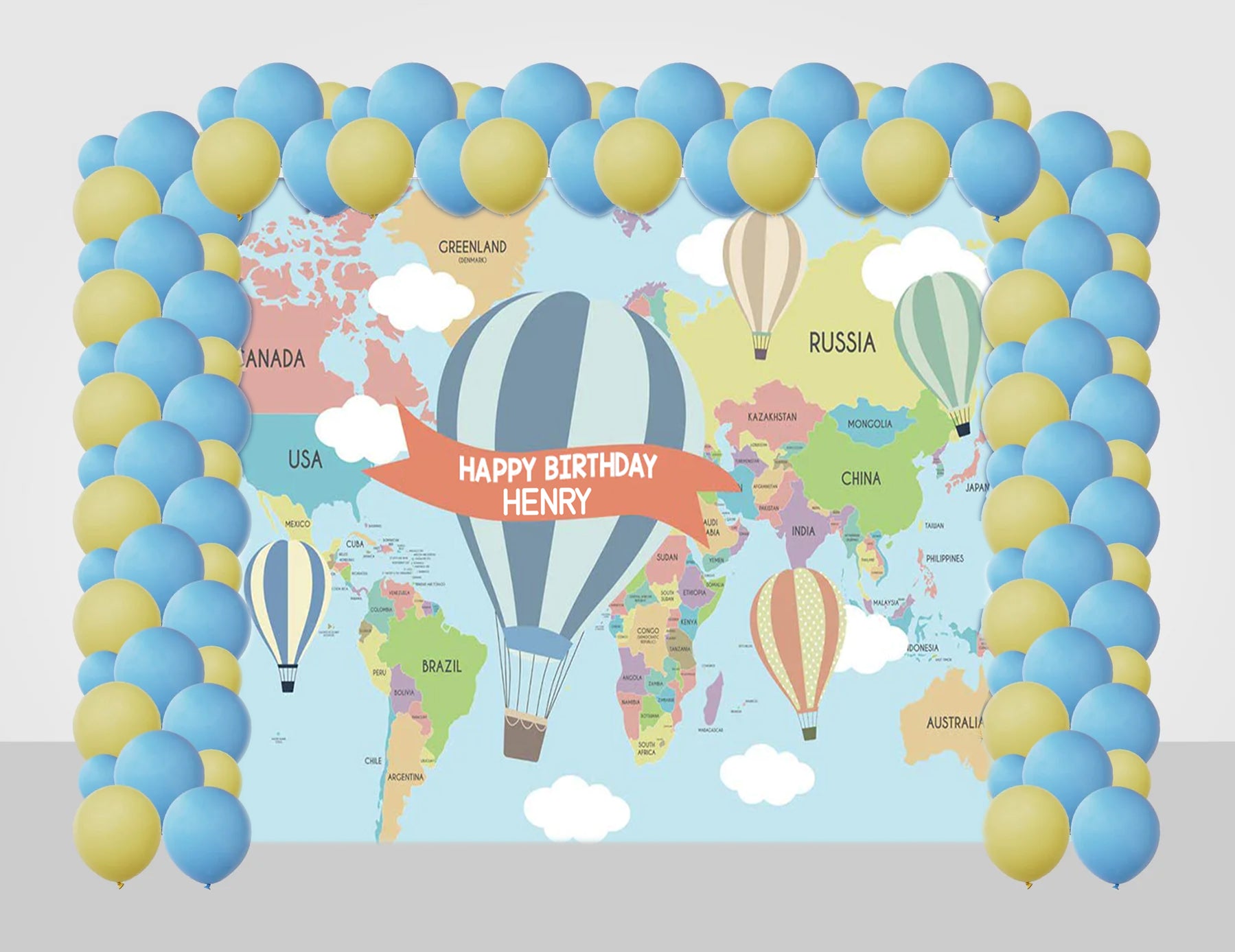 Hot Air Birthday Party Decoration Kit With Personalized Backdrop.