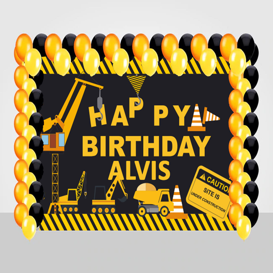 Construction Birthday Party Decoration Kit With Personalized Backdrop.
