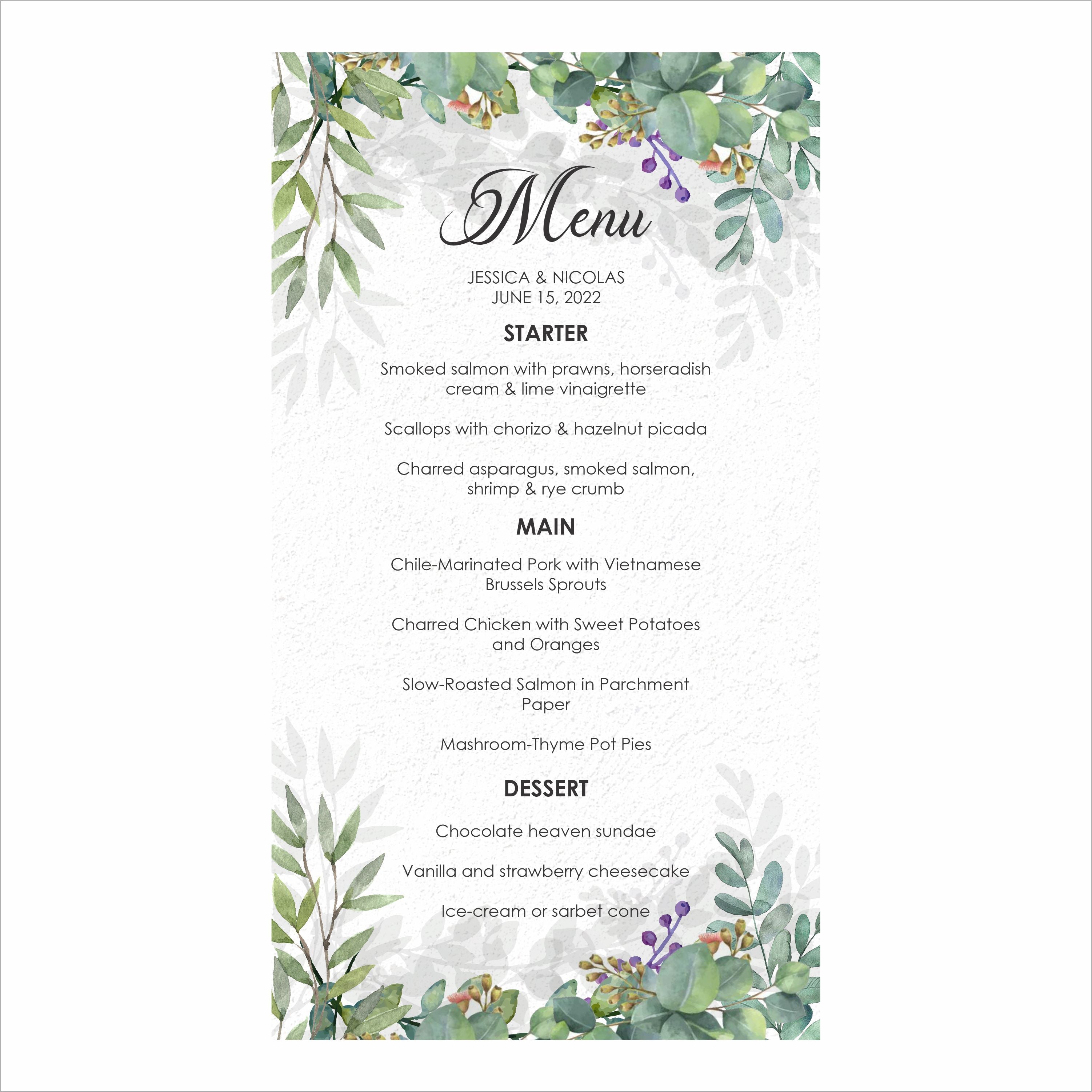 Greenery Theme Wedding Menu Card