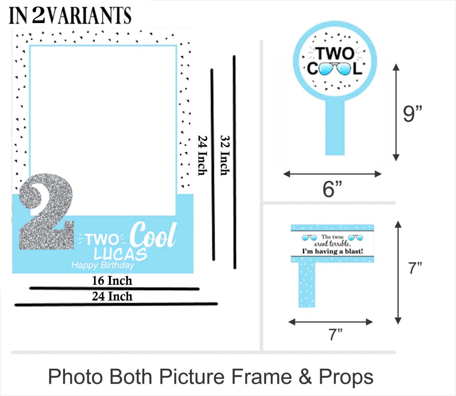 Two Cool Party Theme Birthday Selfie Photo Booth Frame & Props