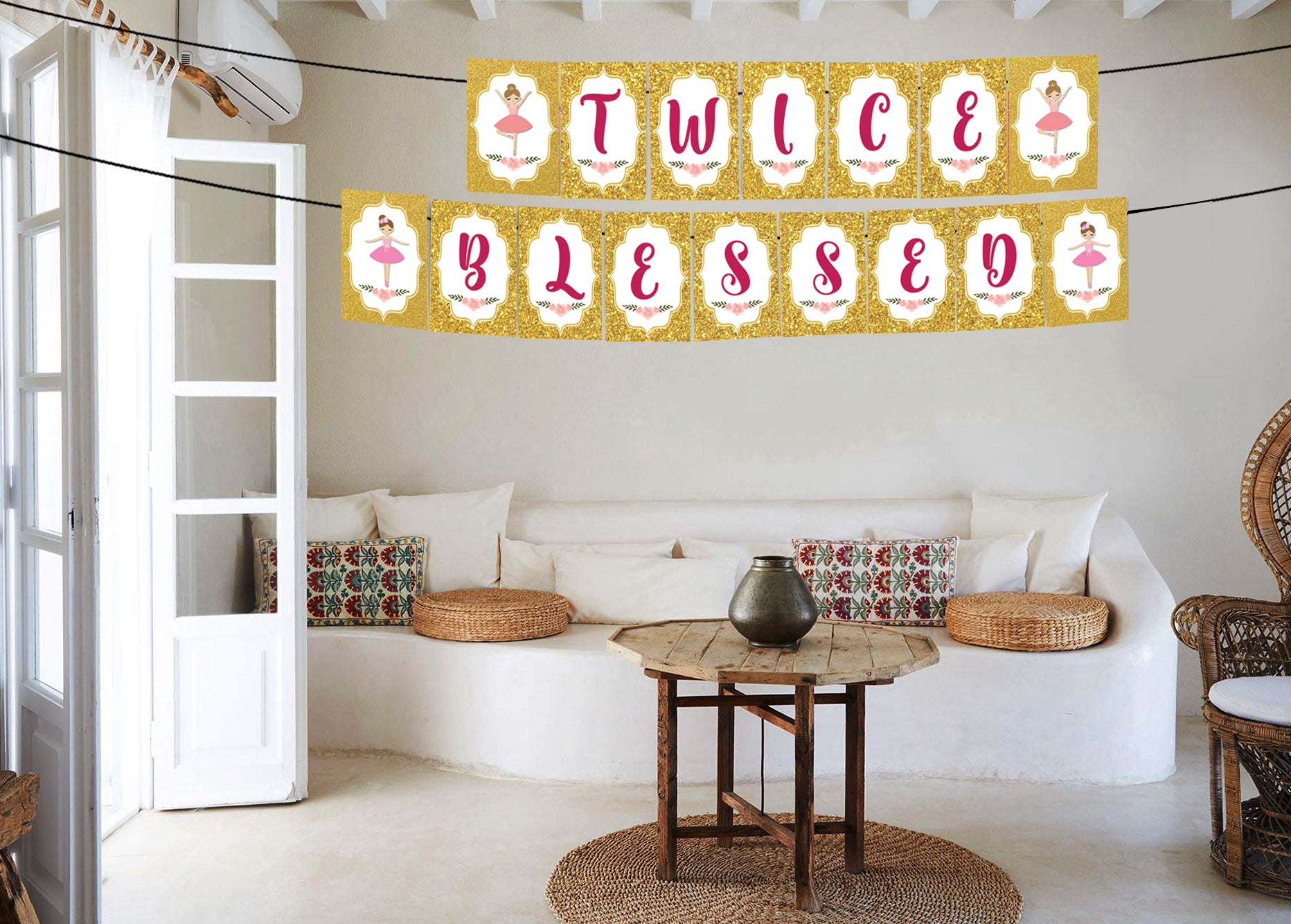 Twin Girls Theme  Birthday Party Banner for Decoration