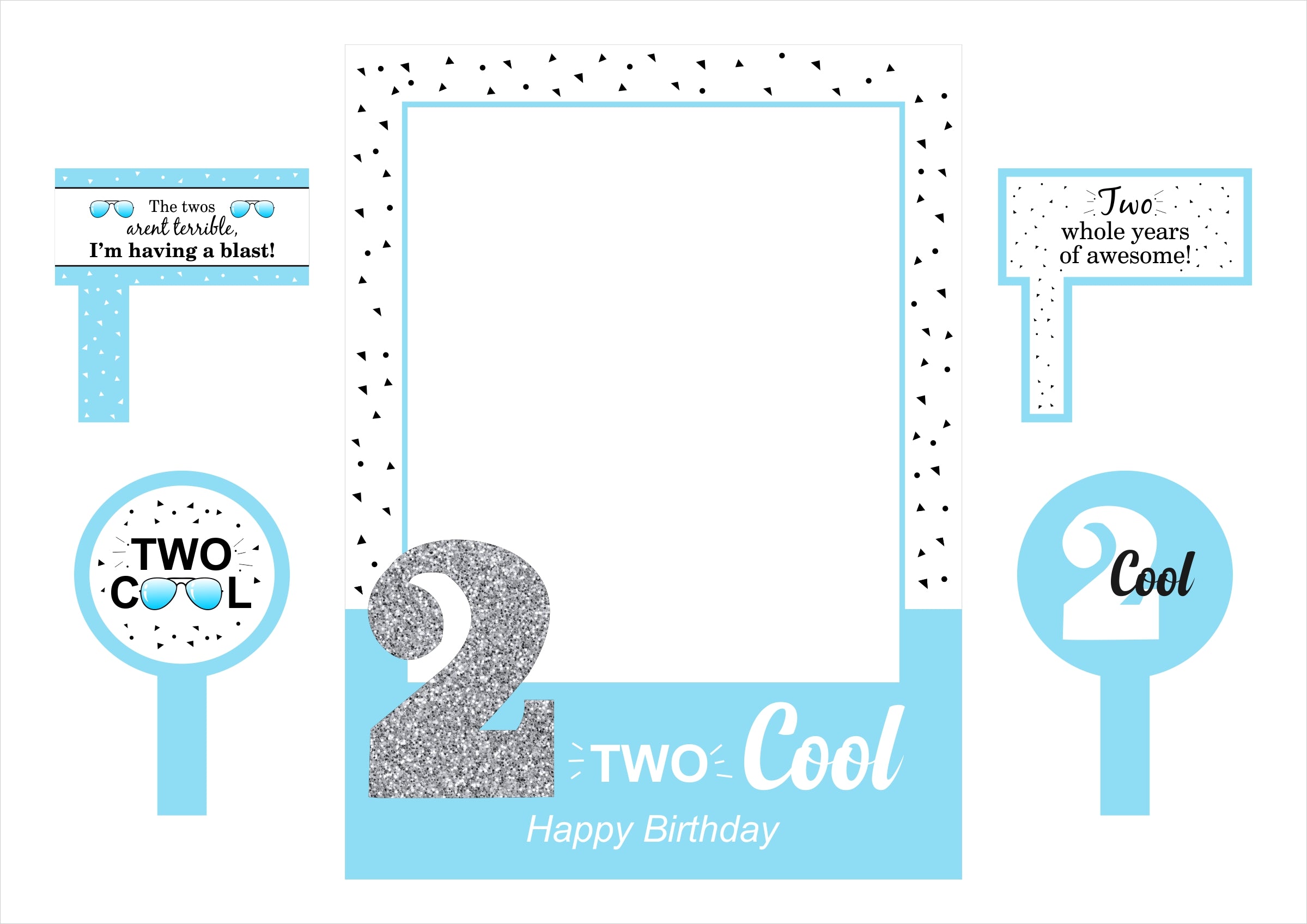 Two Cool Party Theme Birthday Selfie Photo Booth Frame & Props
