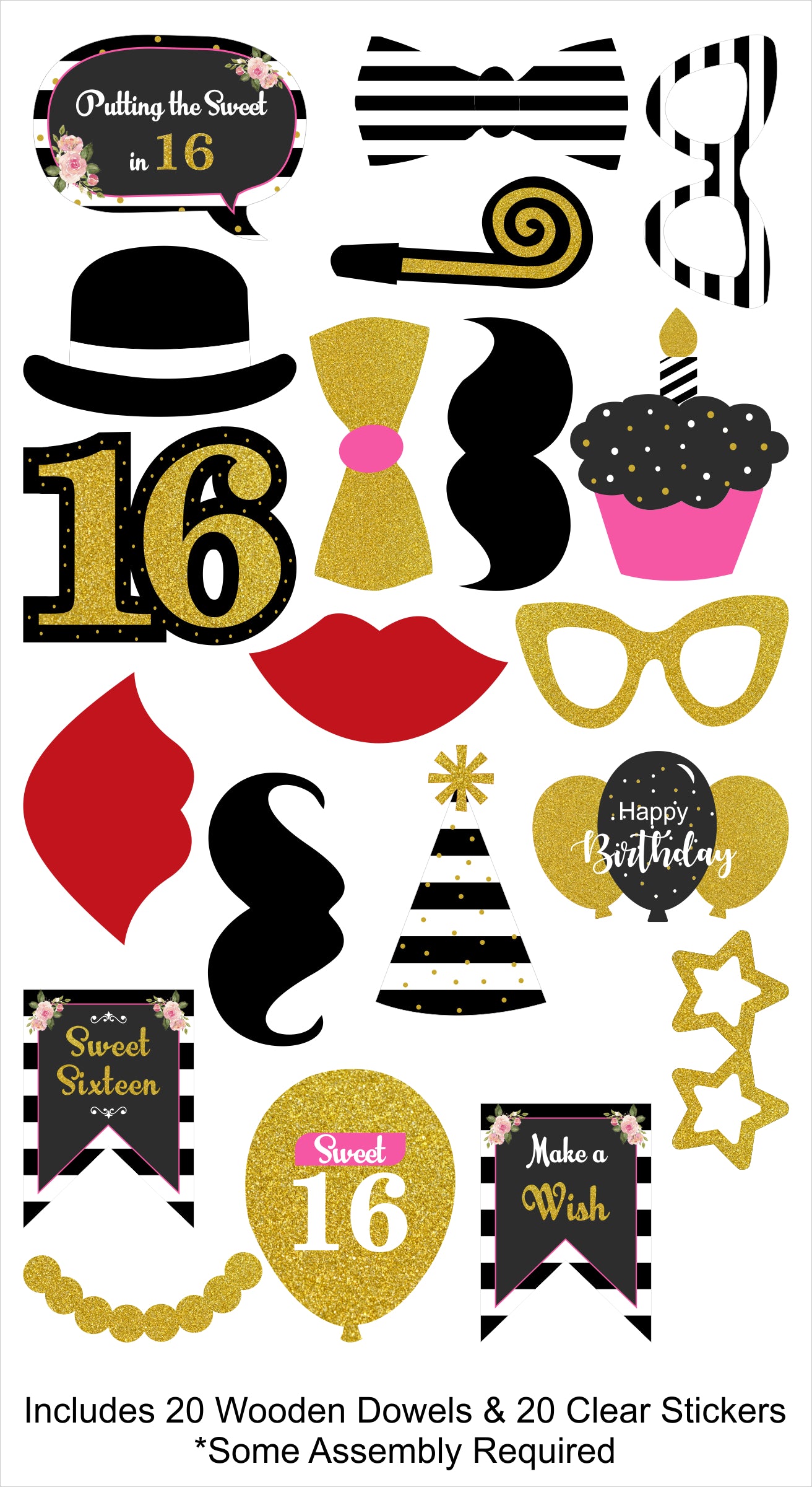 16th Theme Birthday Party Photo Booth Props Kit
