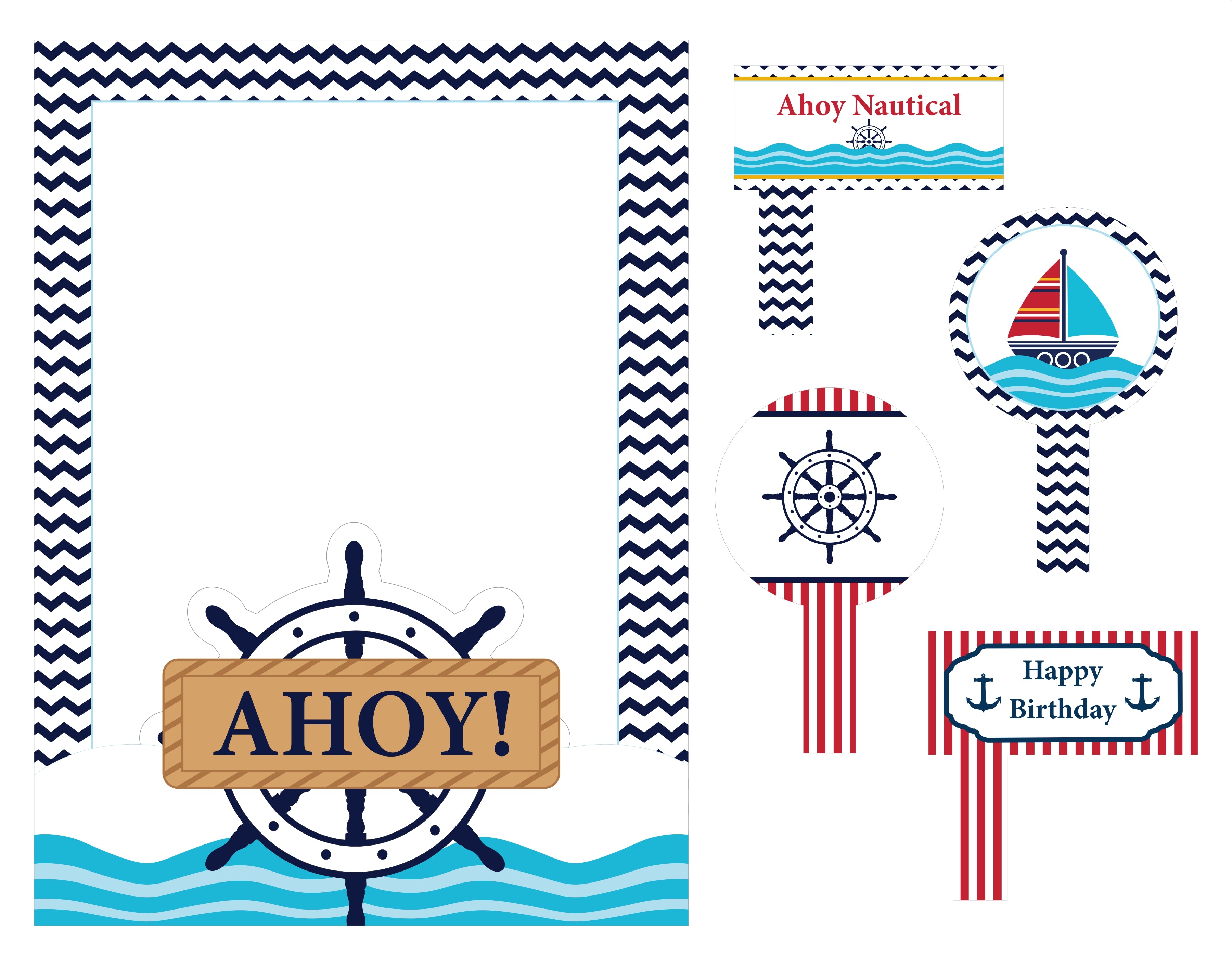 Nautical Ahoy Birthday Party Selfie Photo Booth Frame & Props