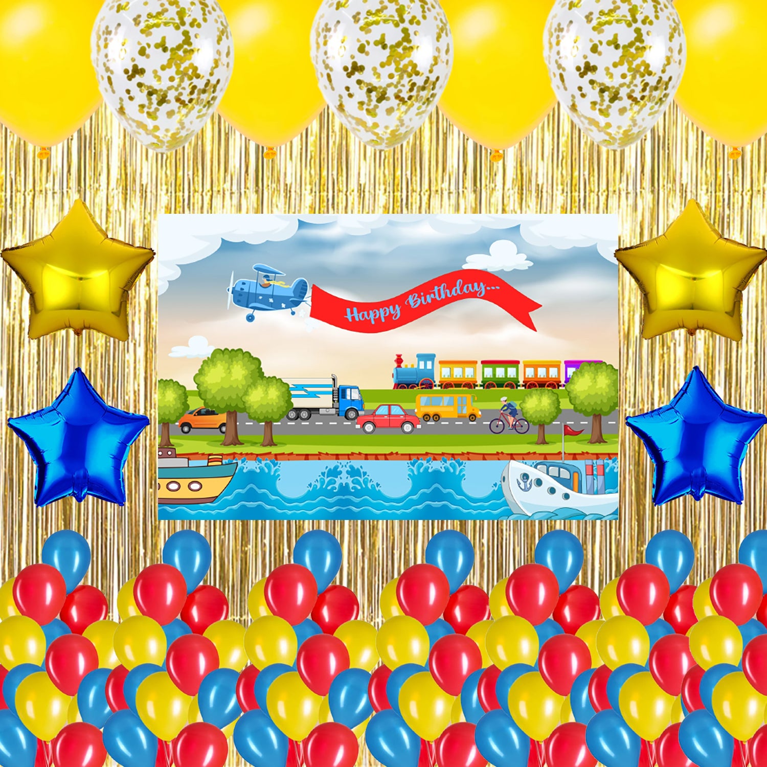 Transport Birthday Complete Party Set With Personalized Backdrop