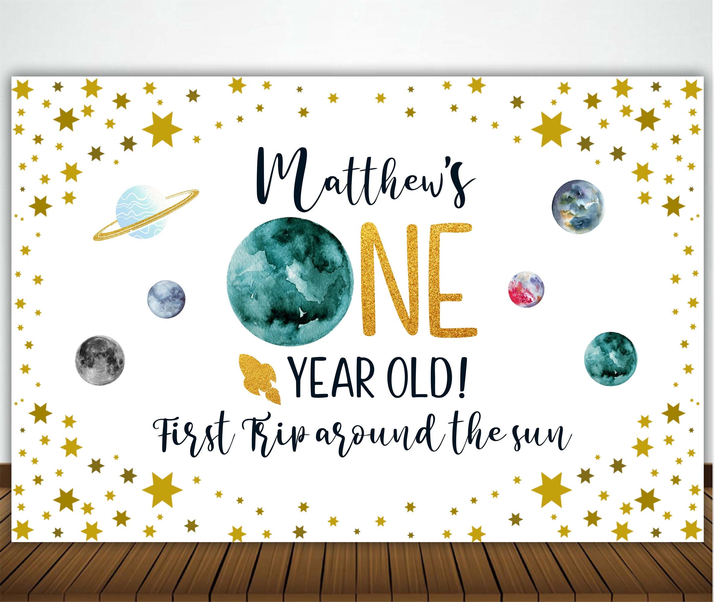 First Trip Around The Sun Birthday Party Personalized Backdrop.
