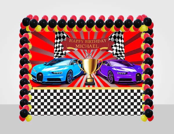Racing Car Birthday Party Decoration Kit With Personalized Backdrop.