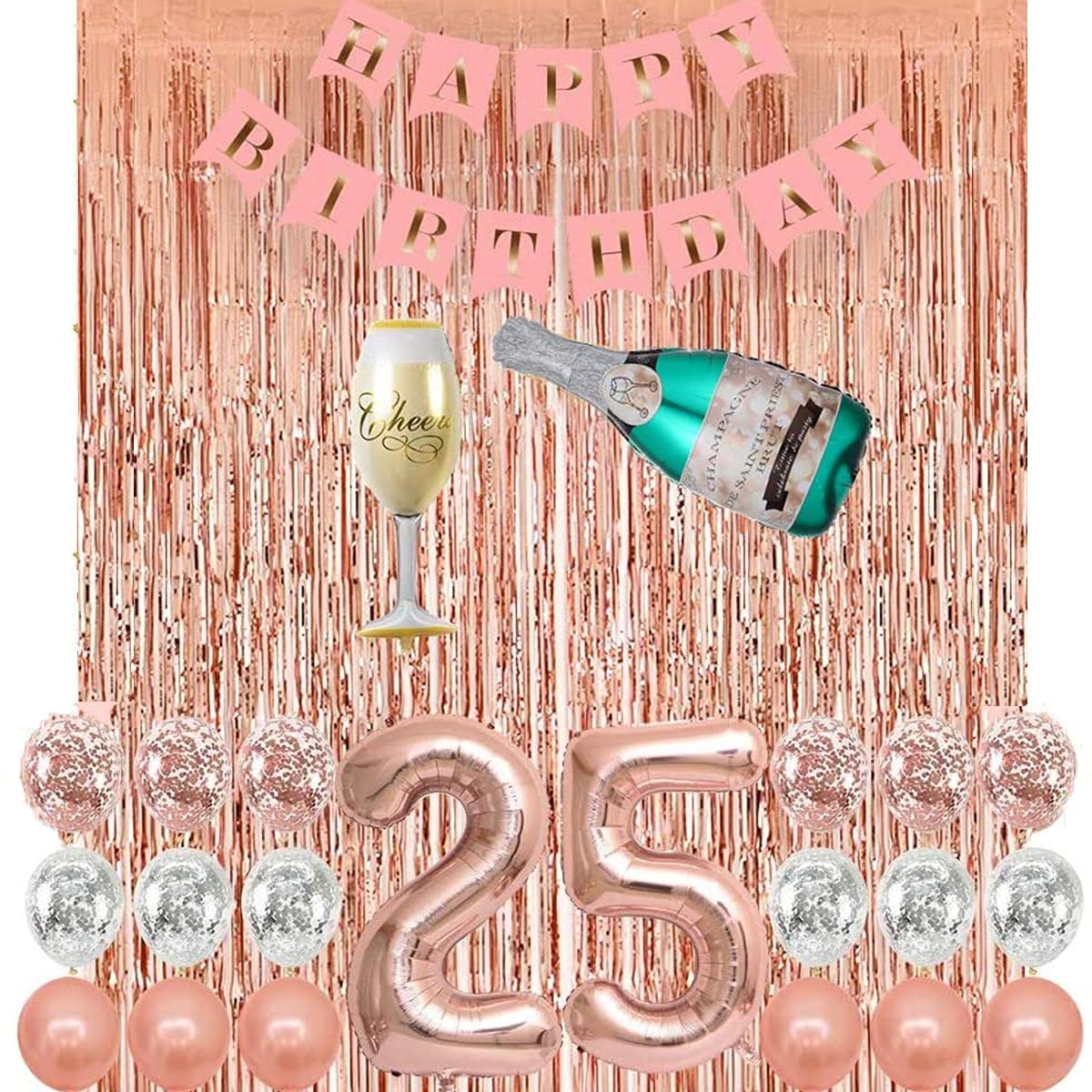 Decorations Supplies, Champagne Balloon, Pink Happy Birthday Banner, 25 Balloons,Rose Gold Foil Fringe Curtains,Confetti Balloons for 25th Birthday Decorations for Her (25th Birthday)