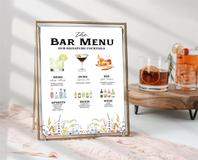 Wild Flower Theme Wedding Signature Cocktails Menu Sign