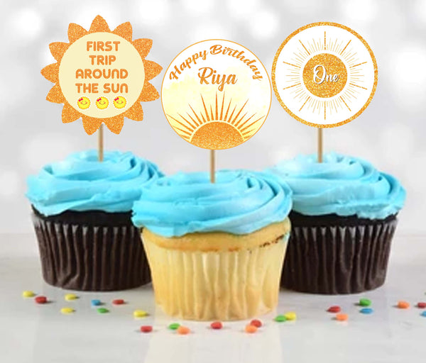 First Trip Around The Sun  Birthday Party Cupcake Toppers for Decoration