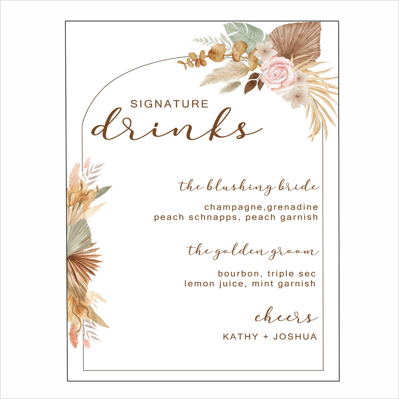 Pampas Grass Theme Wedding Signature Cocktails Menu Sign