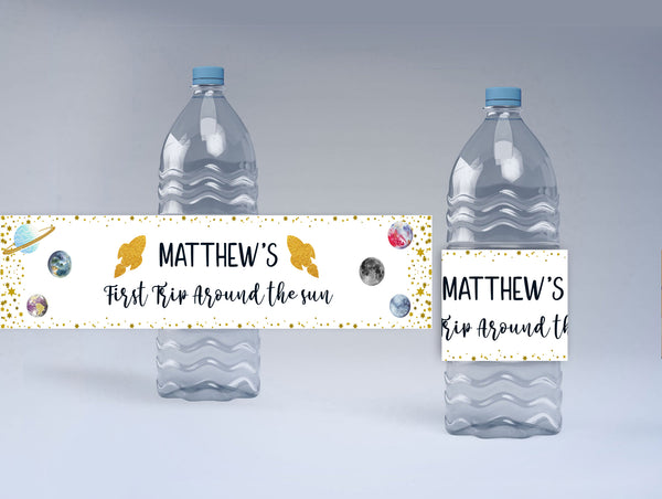 First Trip Around The Sun Theme Birthday Party Water Bottle Labels