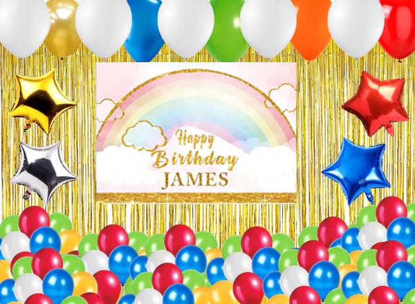 Rainbow Theme Birthday Complete Party Set With Personalized Backdrop