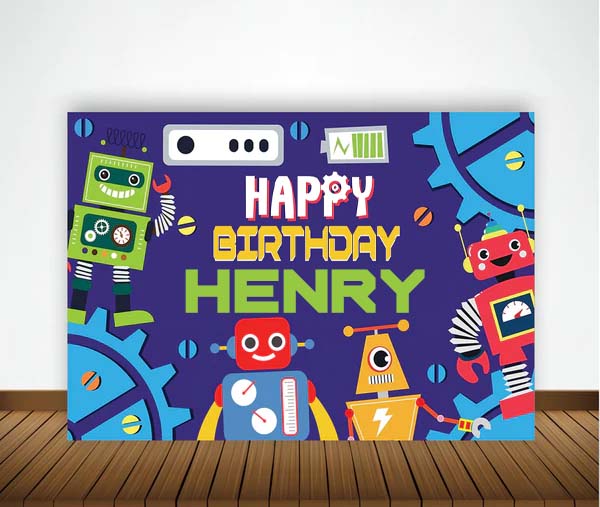 Robot Birthday Party Personalized Backdrop.