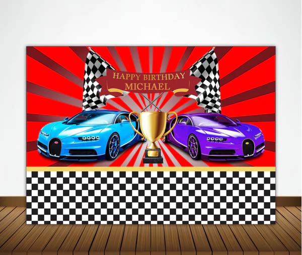 Racing Car Theme Birthday Party Personalized Backdrop.