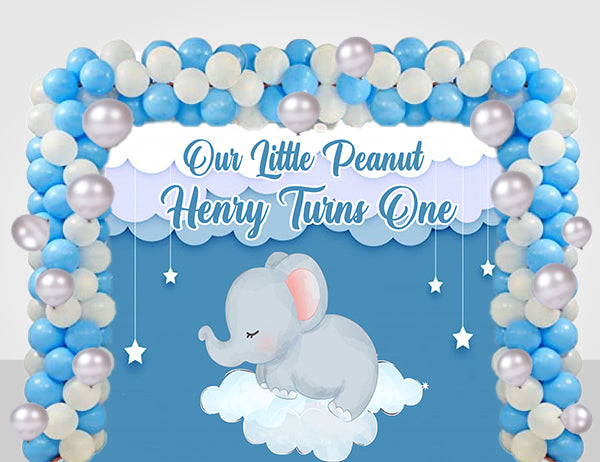 Baby Elephant Birthday Party Decoration Kit With Personalized Backdrop.