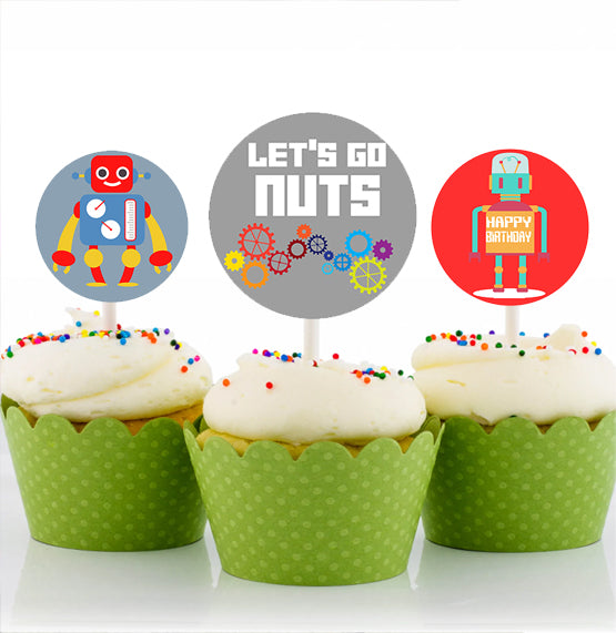 Robot Birthday Party Cupcake Toppers for Decoration
