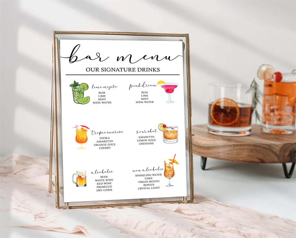 Modern Minimalist Theme Wedding Signature Cocktails Menu Sign