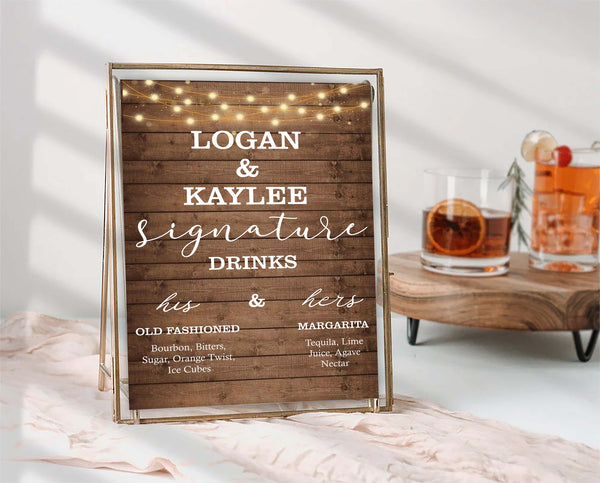 Rustic Theme Wedding Signature Cocktails Menu Sign