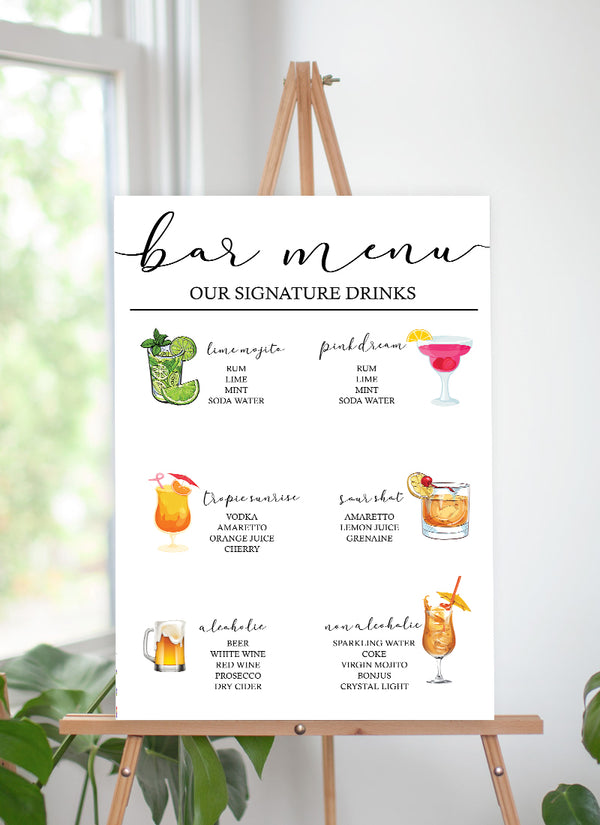 Modern Minimalist Theme Wedding Signature Cocktails Menu Sign