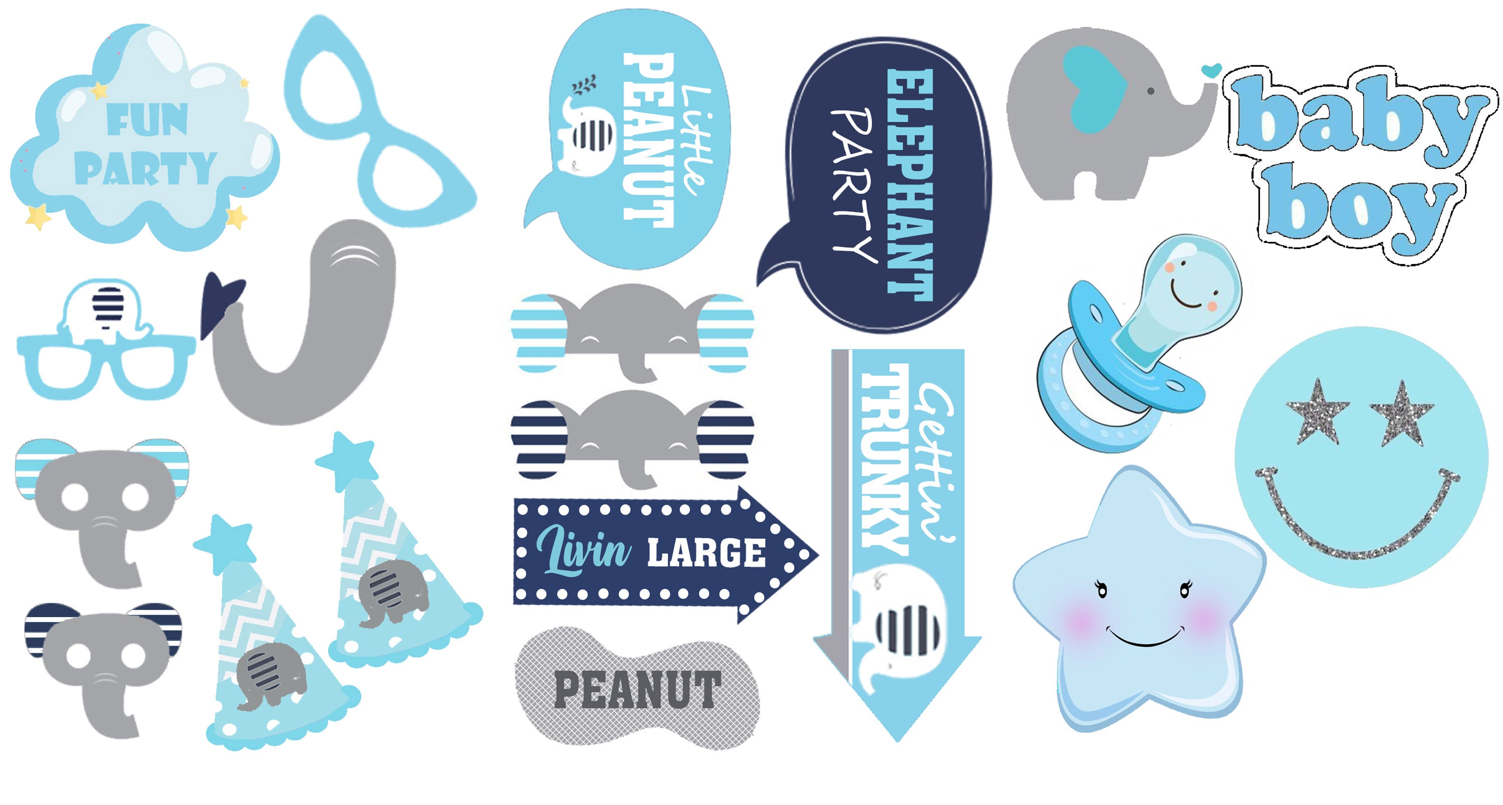 Baby Elephant Birthday Party Photo Booth Props Kit Set of 20