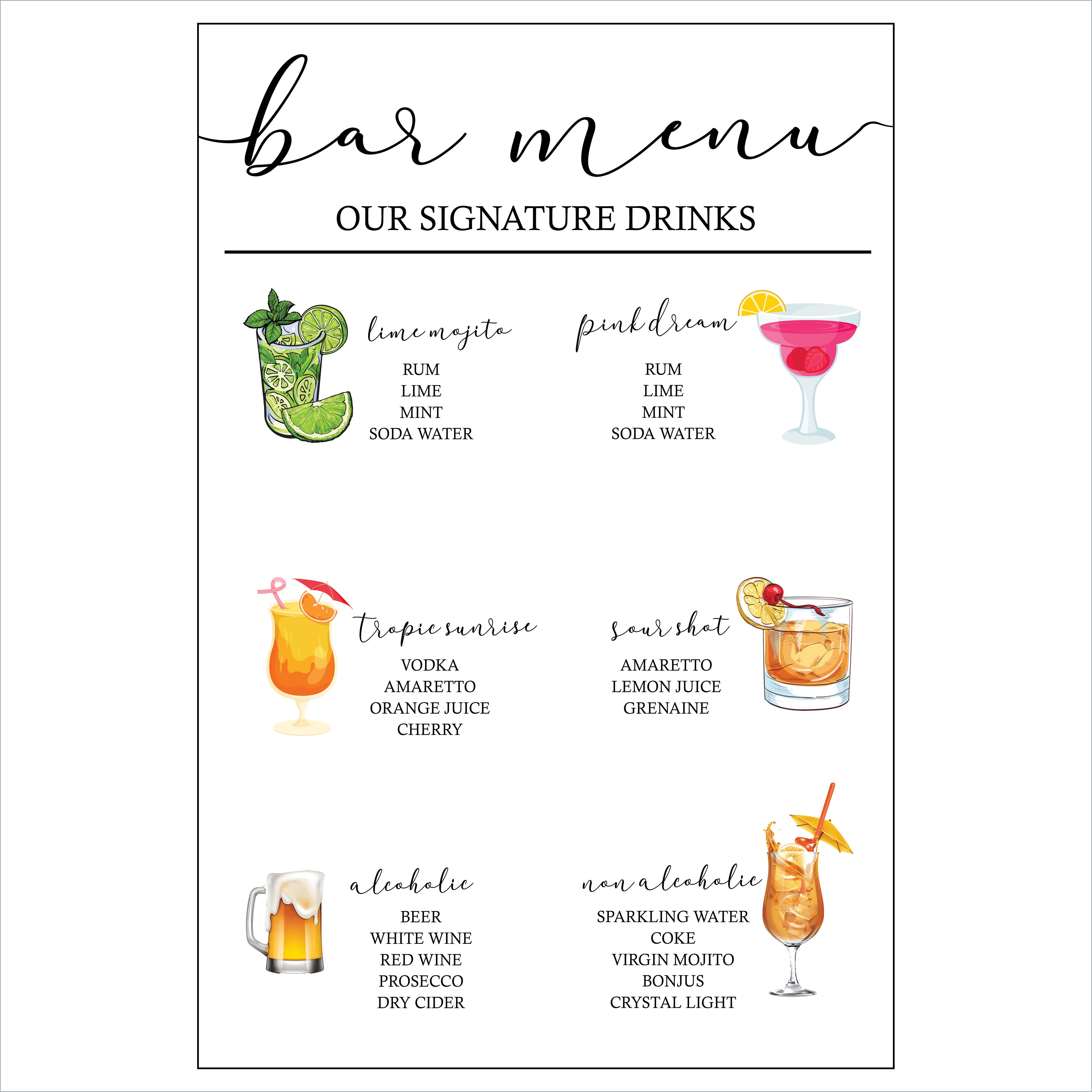 Modern Minimalist Theme Wedding Signature Cocktails Menu Sign