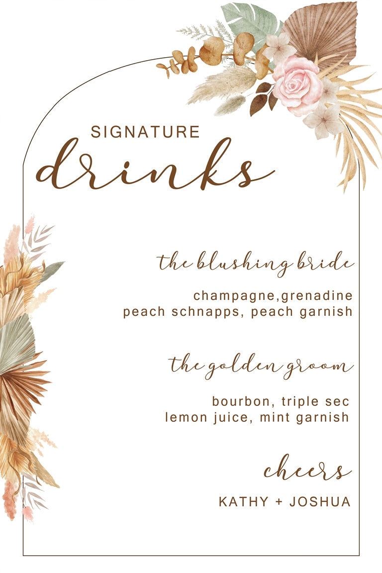 Pampas Grass Theme Wedding Signature Cocktails Menu Sign