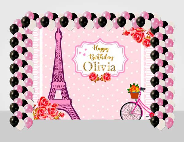 Paris Birthday Party Decoration Kit With Personalized Backdrop.