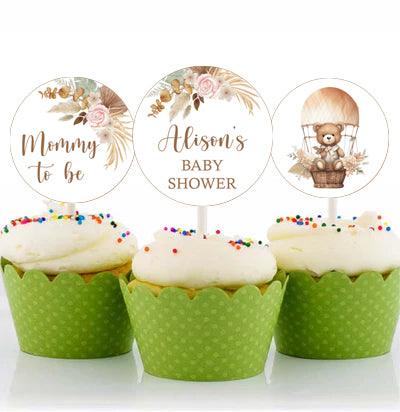 Boho Theme Baby Shower Party Cupcake Toppers for Decoration