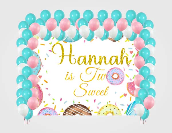 Two Sweet Birthday Party Decoration Kit With Personalized Backdrop.