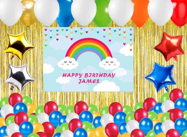 Rainbow Theme Birthday Complete Party Set With Personalized Backdrop