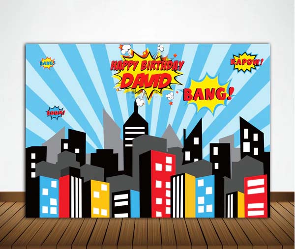 Super Hero Birthday Party Personalized Backdrop.